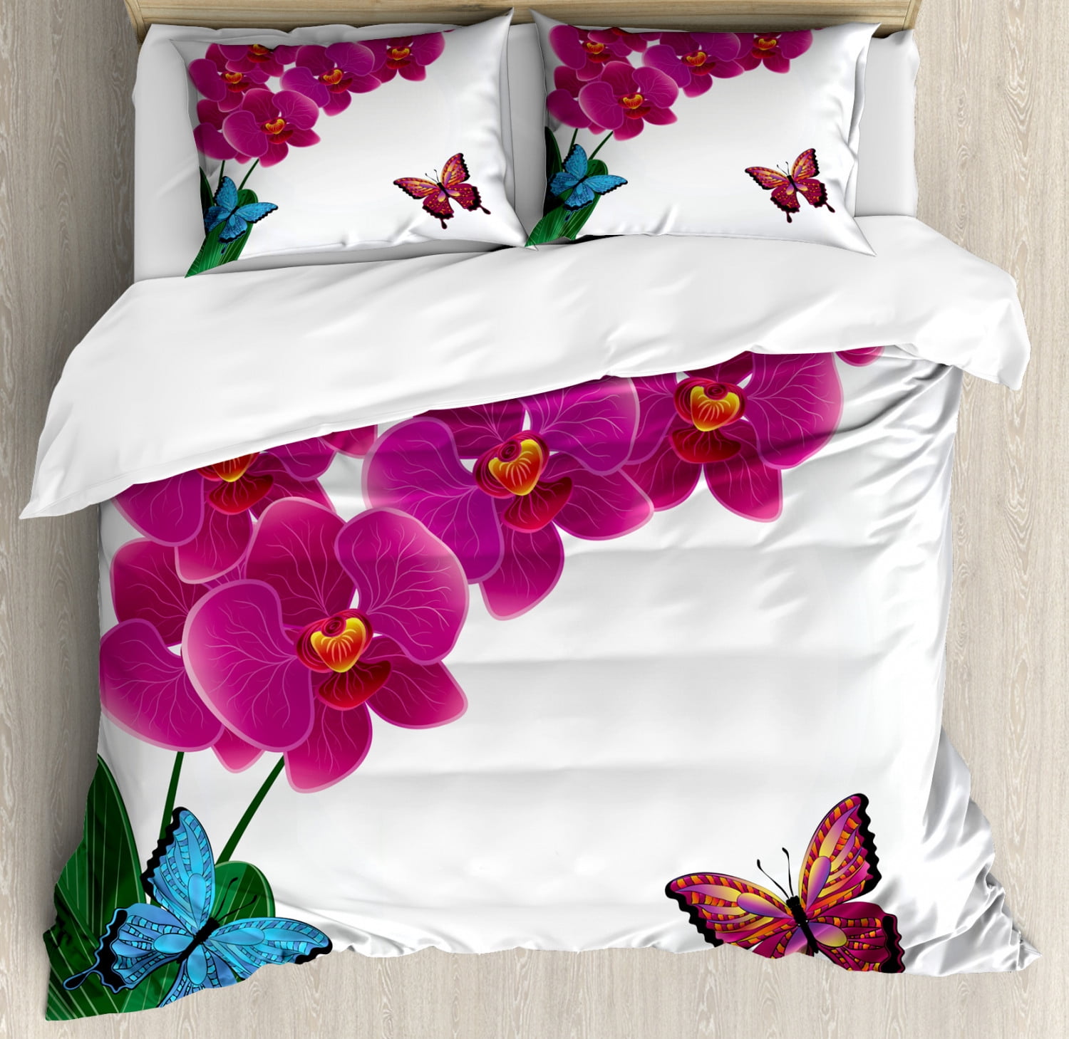 Orchids Duvet Cover Set King Size, Botanical Composition with Pink