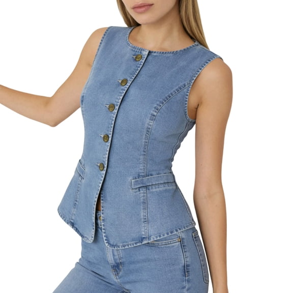 Fenkoxk Womens Casual Jean Vest Solid Color Button Hoodless Sleeveless Denim Jacket