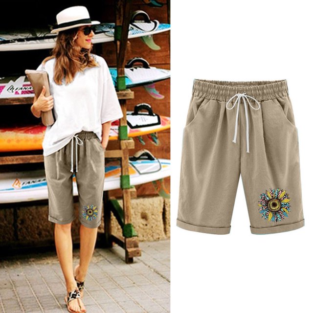 LOVZFMLL Women's Elastic Waist Sunflower Printing Drawstring Shorts Khaki XXL