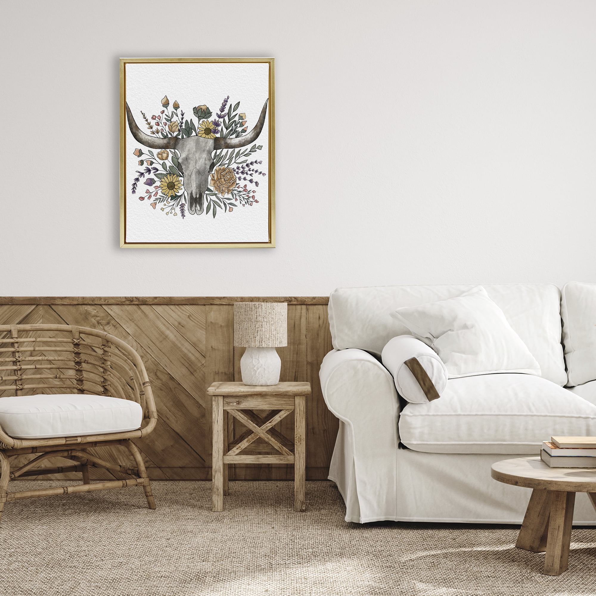 Stupell Industries Boho Wildflower Longhorn Gold Framed Floater Canvas Wall Art, design by Alisha Kiara Design