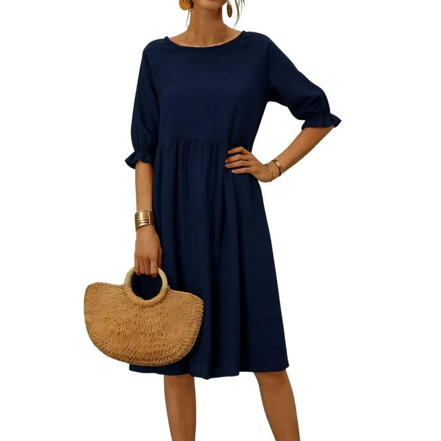 Floleo Robe en Lin Décontractée d'Été pour Femmes à Col Rond avec Manches à Volants 3/4, Ample et Confortable, Plissée, Concise pour les Week-Ends, les Vacances, le Sport, le Jogging, Merveilleux Moment (Bleu Foncé, L)