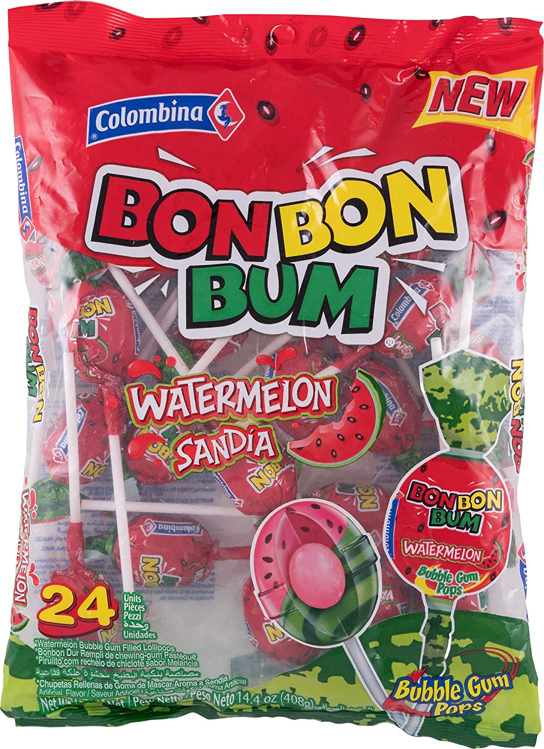 Colombina Bon Bon Bum Watermelon Bubble Gum Lollipops, Pack of 24