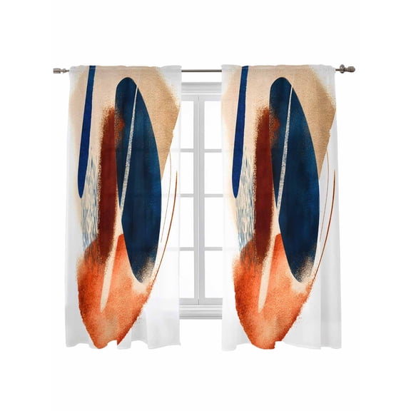 Navy Blue Burnt Orange Curtains 72 Inch Length,Sheer Curtains for Bedroom Living Room Window Abstract Contemporary Geometric Rod Pocket Drapes Kitchen Curtains Small Half Window 52"x72" 2 Panels