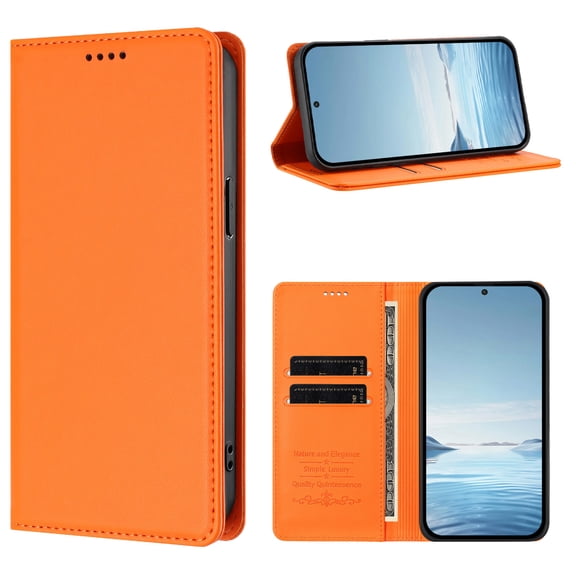 Dteck Wallet Case for iPhone 17, Flip Strong Magnetic Cover RFID Blocking Credit Card Holder Kickstand Shock-Absorbent Case,Orange