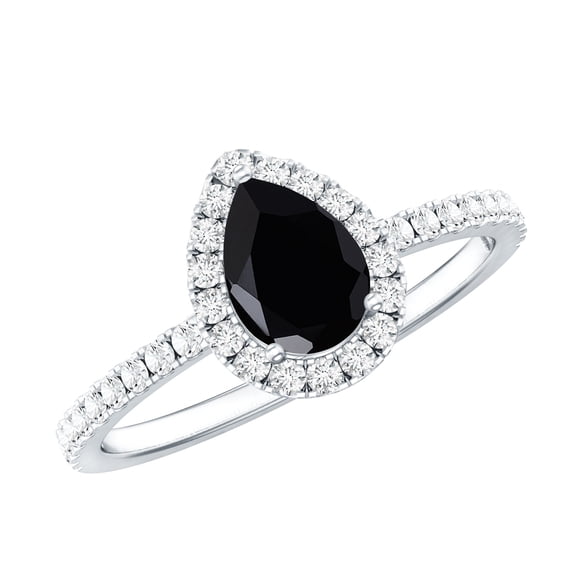 Rosec Jewels Real Black Onyx Teardrop Engagement Ring with Halo - Certified Black Onyx Diamond Ring (1 Carat, AAA Quality), 925 Sterling Silver, US 4.00