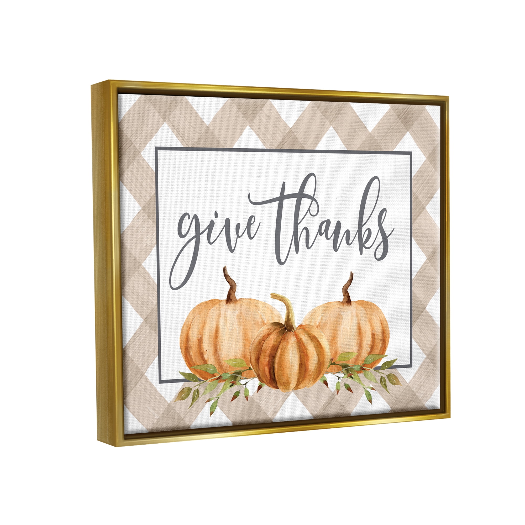 Stupell Industries Give Thanks Calligraphy Autumnal Tartan Pumpkin Border Graphic Art Metallic Gold Floating Framed Canvas Print Wall Art, Design by Lettered and Lined