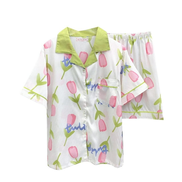 Ensembles de Pyjama pour Femmes, Shorts pour Femmes, Imprimé Boutonné Décontracté Mignon Manches Courtes Poche Col Rabattu et Short Ample Vêtements de Maison Pyjamas pour Femmes
