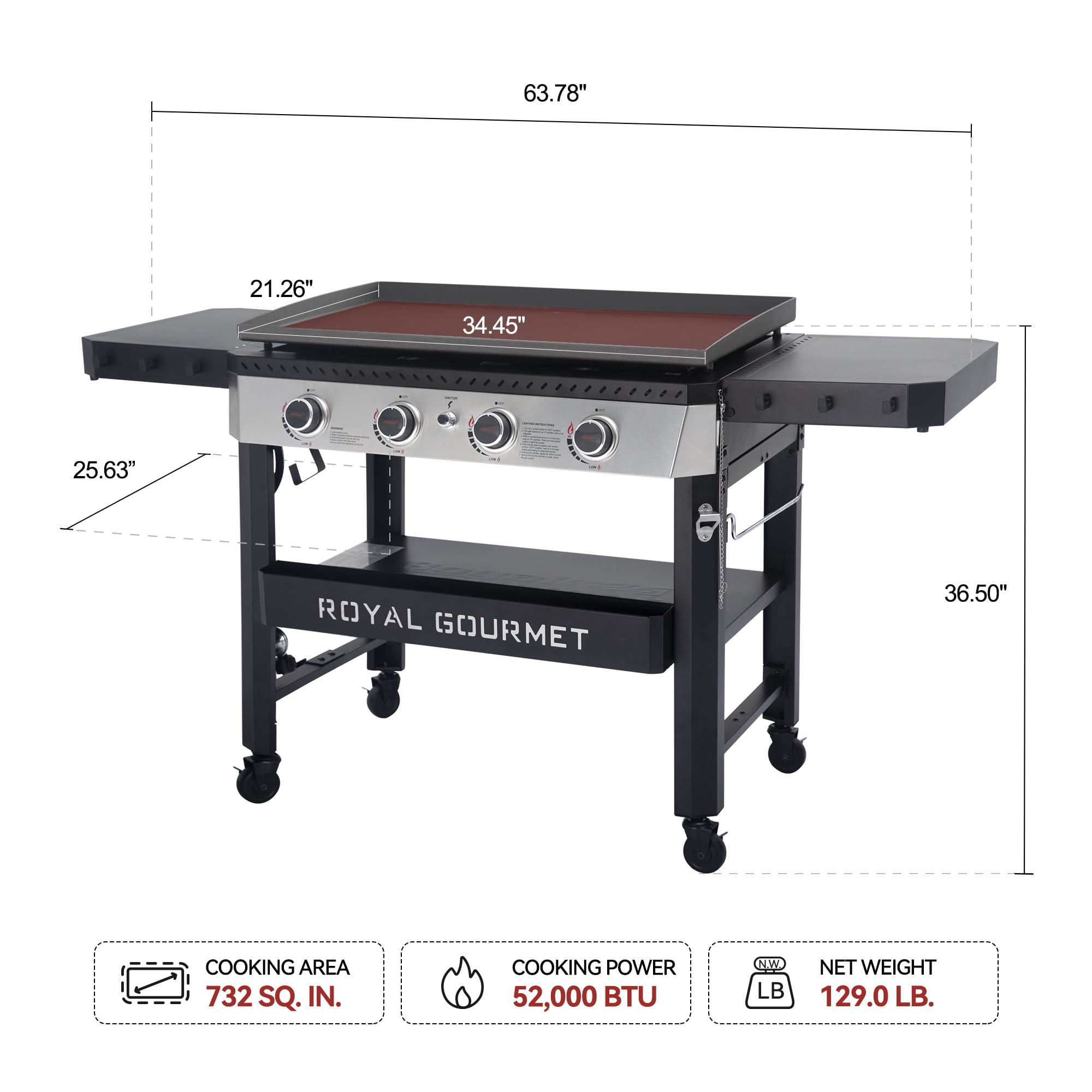 Royal Gourmet GB4007 34-inch 4-burner Propane Gas Griddle, Griddle with Collapsible Side Shelves and Front Basket
