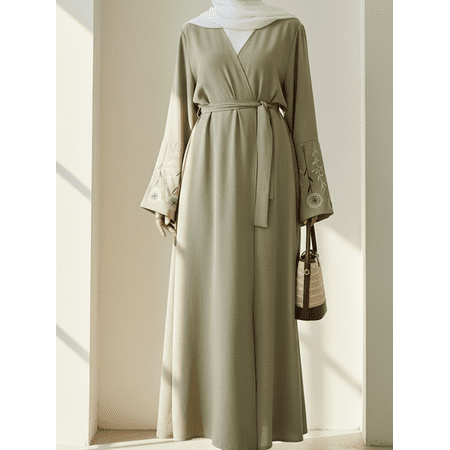 Muslim Women's V-Neck Cardigan Coat,Tie-Waist Abaya Robe,Olive Green Loose Cover-Up,Daily Casual,Islamic Dubai Jilbab Prayer Festival Gathering Dress