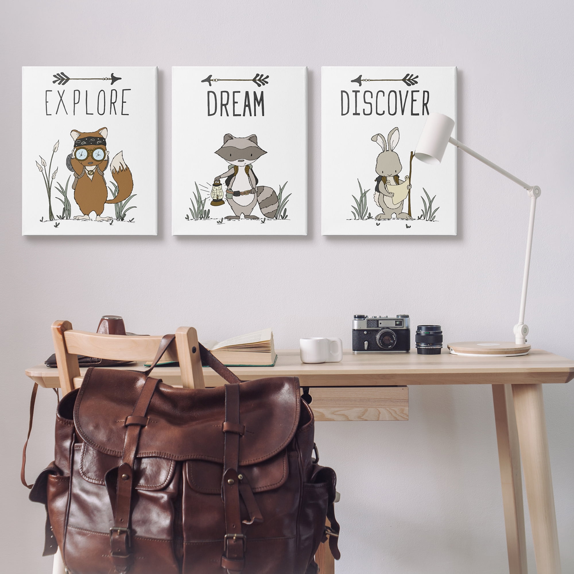 Stupell Industries Explore Dream Discover Arrows Motivational Kids Animals Graphic Art Gallery Wrapped Canvas Print Wall Art, Set of 3, Design by Sweet Melody Designs