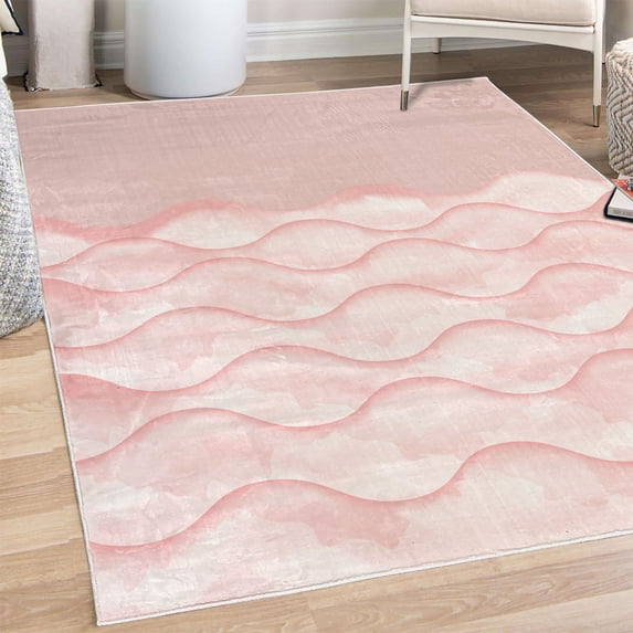 Ocean Decorative Rug, Sea Waves Illustration Features Liquid Ocean Motion Water Tides Image Art, Quality Carpet for Bedroom Dorm and Living Room, 6 Sizes, Blush, by Ambesonne
