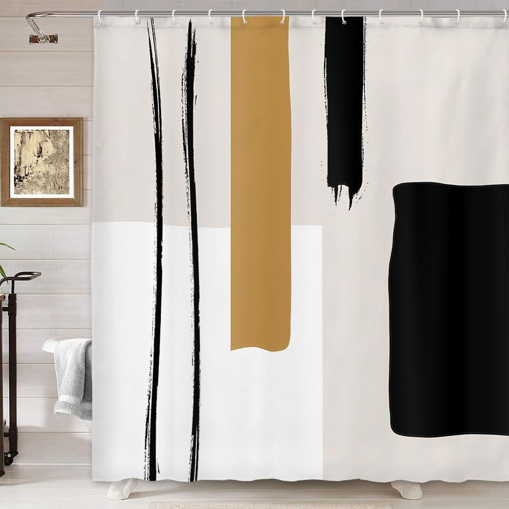 Abstract Modern Shower Curtain, Cute Geometric Minimalist Black and White Shower Curtains Set, Retro Beige Yellow Tan Mid Century Restroom Decor Accessories with Hooks 72X 72 In
