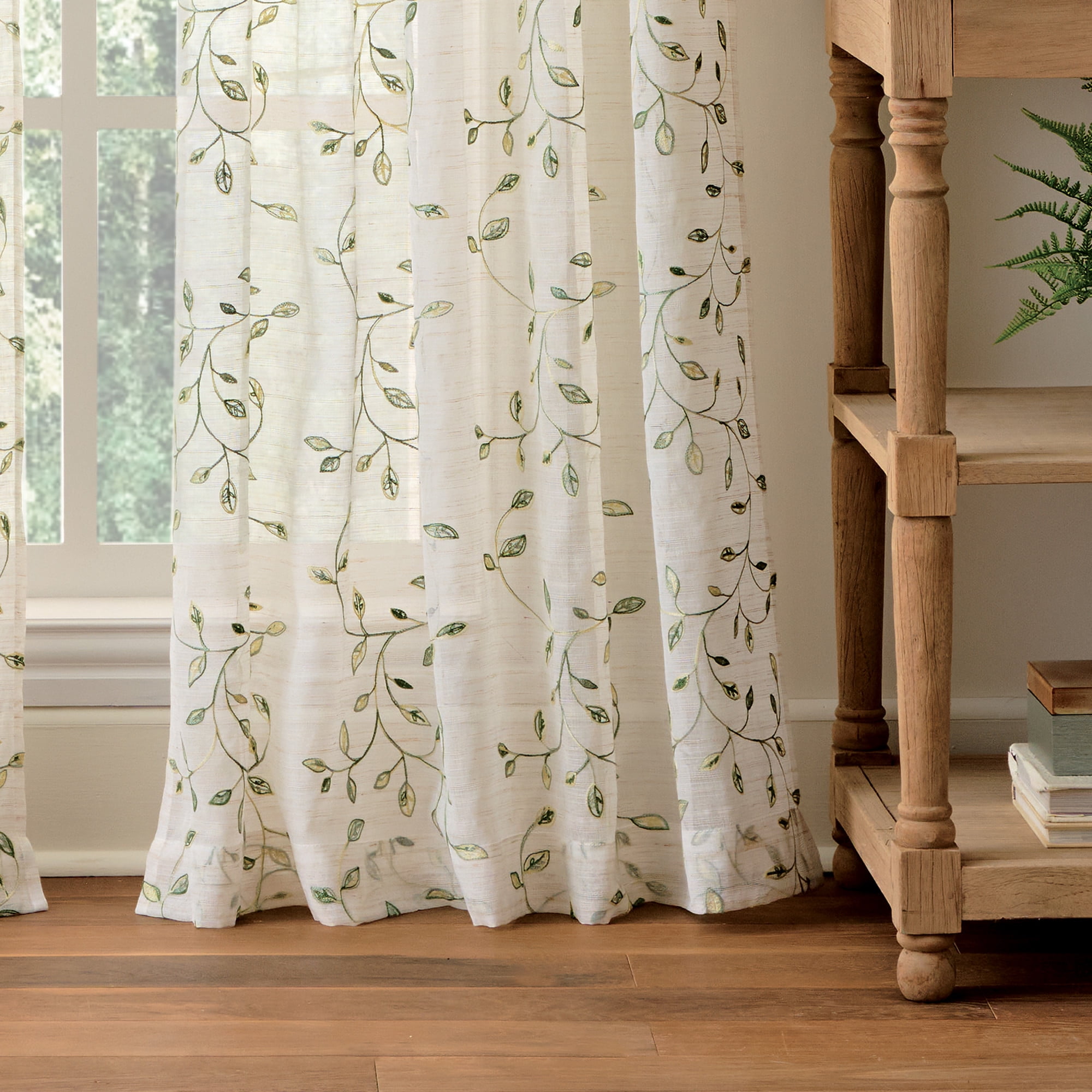 Martha Stewart Durham Embroidery Curtain Panel Pair, White/ Green, Rod Pocket, Sheer, Indoor, Adult, 2 Piece Set, 50" x 63"