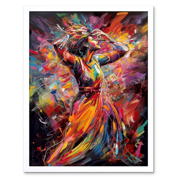 Happy Woman Dancing to Music Modern Vibrant Colour Art Print Framed Poster Wall Decor 12x16 inch