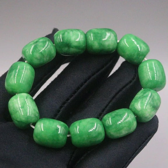 K-KED Real Green Jade Jadeite Bracelet For Women Men 14mm Long Tube Beaded Link 7inch