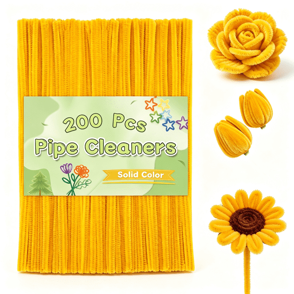KASIU Pipe Cleaners,200Pc Pipe Cleaners Chenille Stem,Yellow Pipe Cleaners Craft Set,Solid Color Chenille Stems with Eyes for Diy Arts Crafts,Bouquet Festivals,Decoration Art Supplies