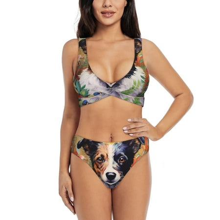 Zeuib Colorful Flower Dog High Waisted Tummy Control Bikini Set - Knot Front Push Up Top & Cheeky Thong Bottom  Two-Piece Swimsuit for Women-X-Large