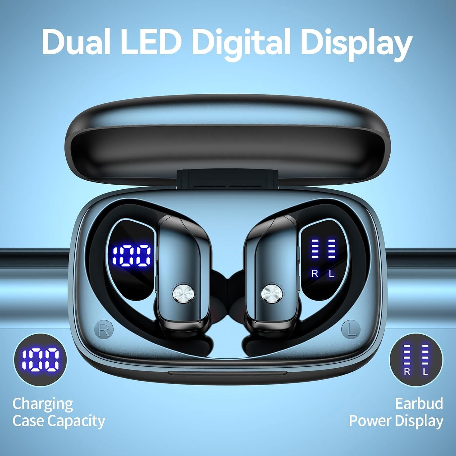 Ear Buds Wireless Earbuds Bluetooth Headphones with 80H Playtime LED Display Case, Over-Ear Hook with Mic, Stereo Sound, Easy Button Controls, Sports Earphones for Running Workout Gym
