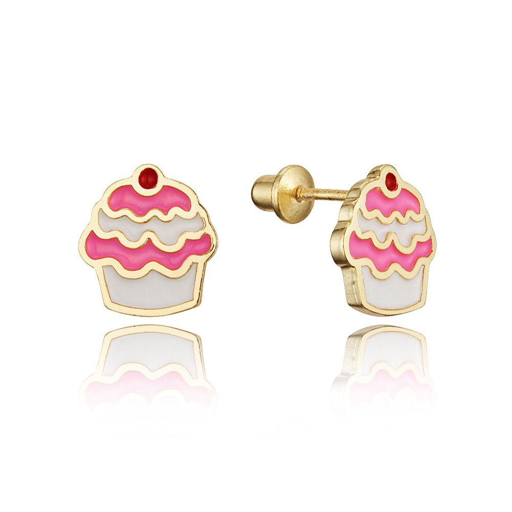 Lovearing 14k Gold Plated Enamel Cupcake Baby Girls Screwback Earrings with Sterling Silver