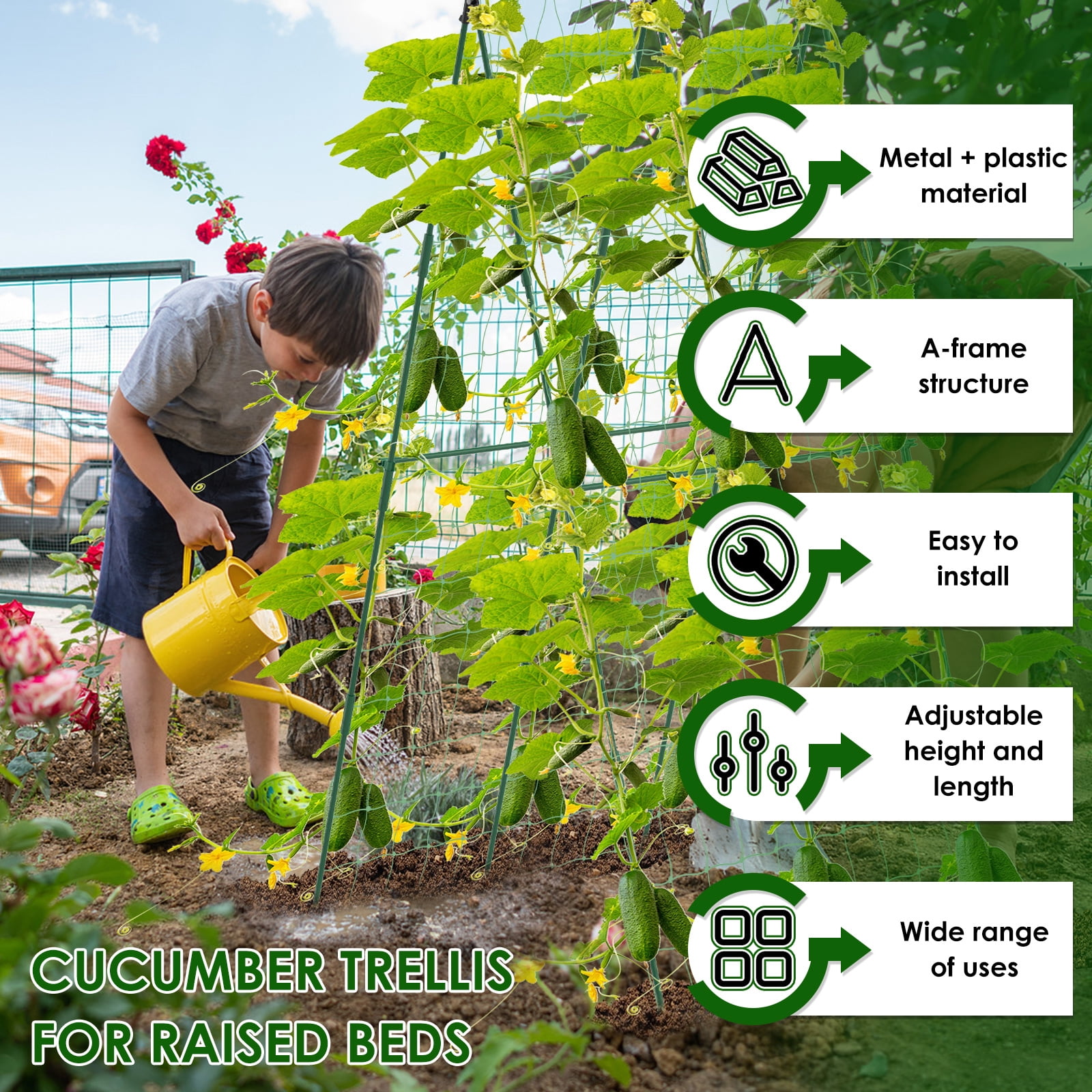 Sutowe Cucumber Trellis for Raised Beds Adjustable Size A Frame Garden Trellis with Climbing Net Garden Supplies for Climbing Plant Outdoors