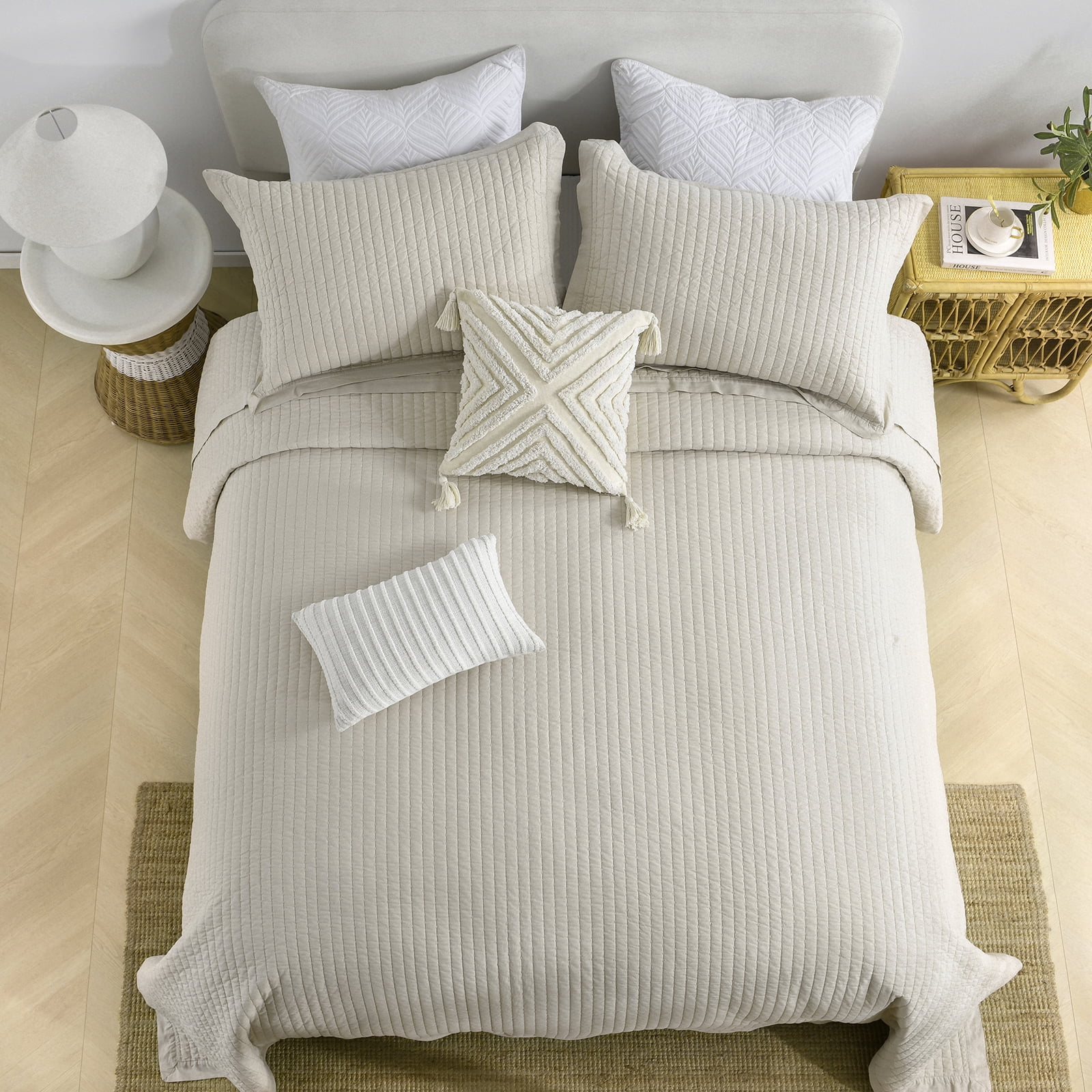 PANGUSHAN 100% Cotton Queen Quilt Set, Farmhouse Elegant Solid Color Queen Size Quilt Bedding Set Bedspreads, Reversible Quilted Lightweight Comforter, Beige Bed Spread for Queen Bed, 3pcs