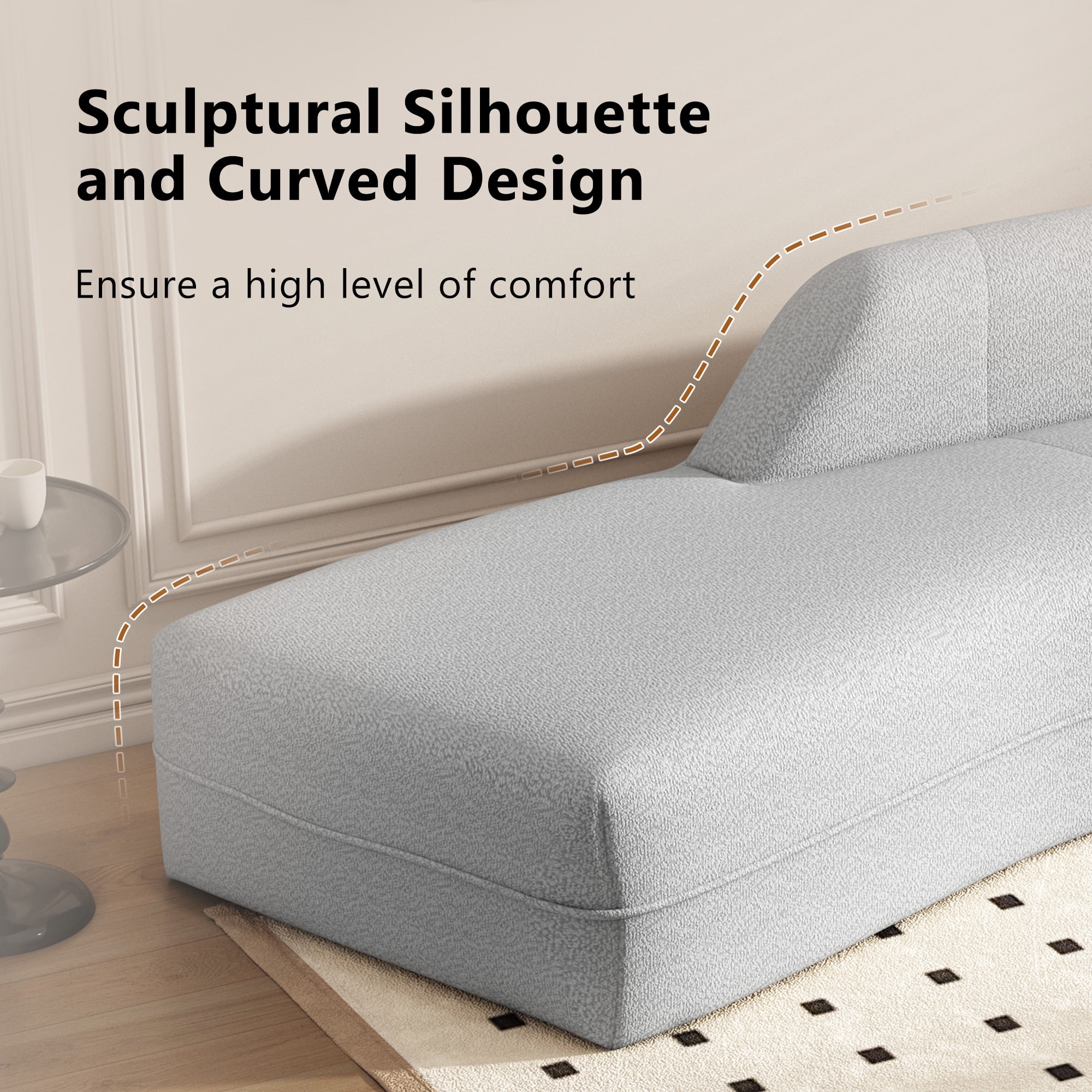 Aukfa 109.4" Curved Chaise Lounge Sofa Couch for Living Room, Boucle, Gray