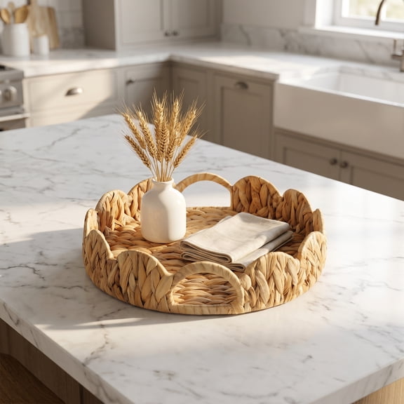 Yangxin Scalloped Edge Round Tray, Serving Tray with Built-in Handles, Decoratve for Coffee Table, Rattan