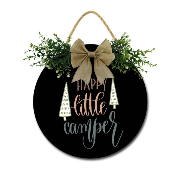 Happy Little Camper Sign Farmhouse Wood Sign Front Porch Decor Rustic Wooden Sign Wall Decor Hanging Wooden Decorations with Bow-Knot for Home Porch Wall Door, 11 x 11 Inch