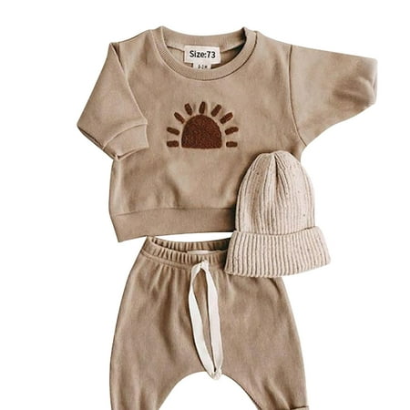 Caqnni Baby Boy Fall Clothes Long Sleeve Color Block Sweatshirt Tops Pants Set Cute Toddler Winter Outfit Home Wear Baby s Children s Thermal Underwear Set(18-24 Months Khaki)