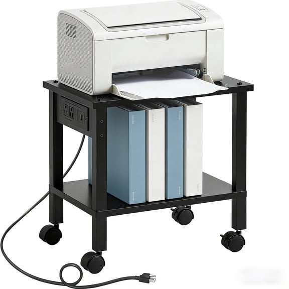 Buildhom Under Desk Printer Stand with Charging Station, 2-Tier Wood Rolling Cart with Lockable Wheels for Home Office, Black