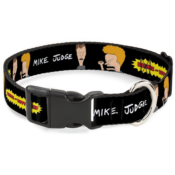 MTV Pet Collar, Dog Collar Plastic Buckle, Beavis and Butt-Head Title Logo and Pose Black, 7 to 8.5 Inches 0.5 Inch Wide