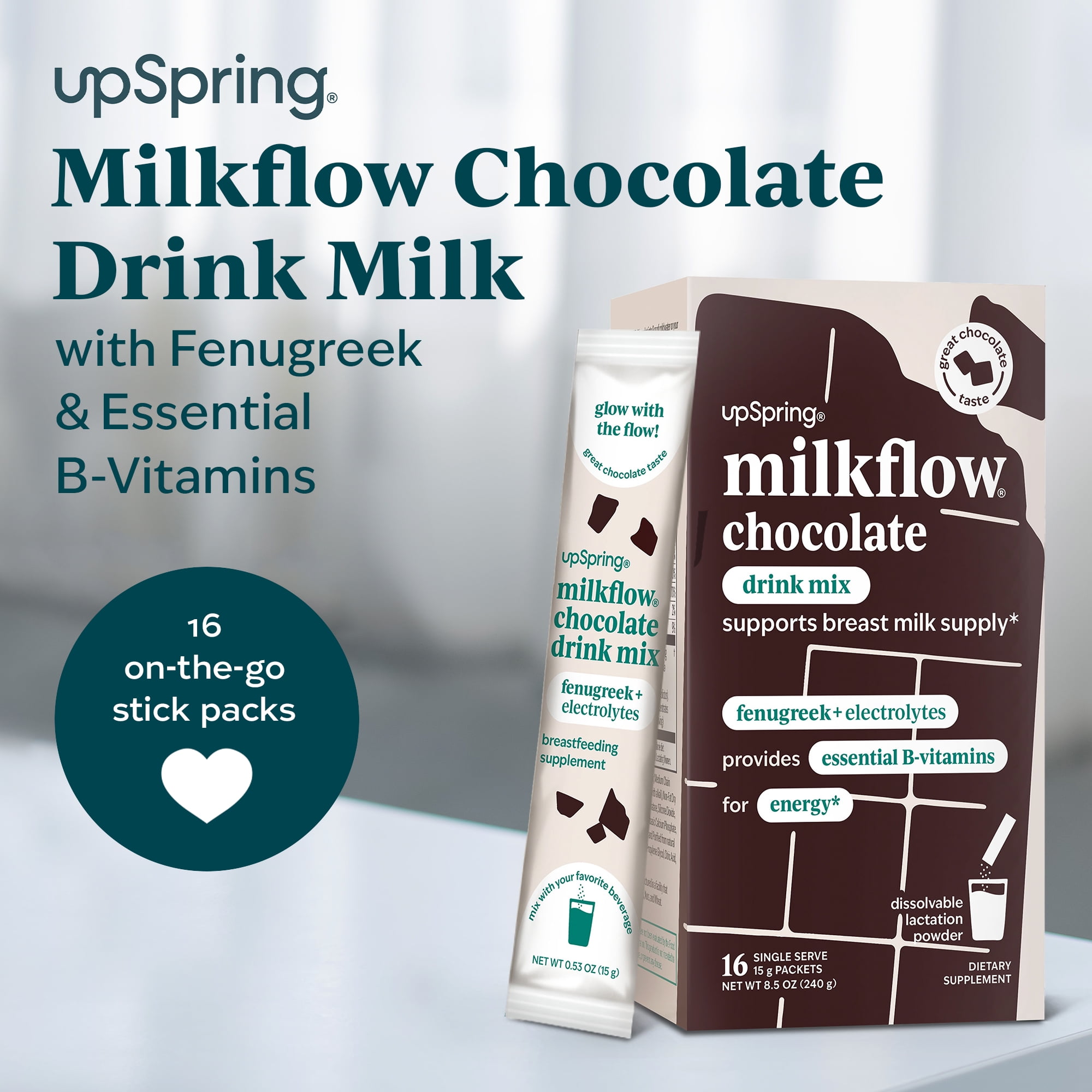 UpSpring Milkflow Chocolate Drink Mix Powder, with Fenugreek + Energy, 16 Count