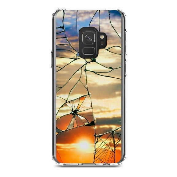 DistinctInk Clear Shockproof Hybrid Case for Samsung Galaxy S9 (5.8" Screen) - TPU Bumper, Acrylic Back, Tempered Glass Screen Protector - Shattered Glass Sunrise