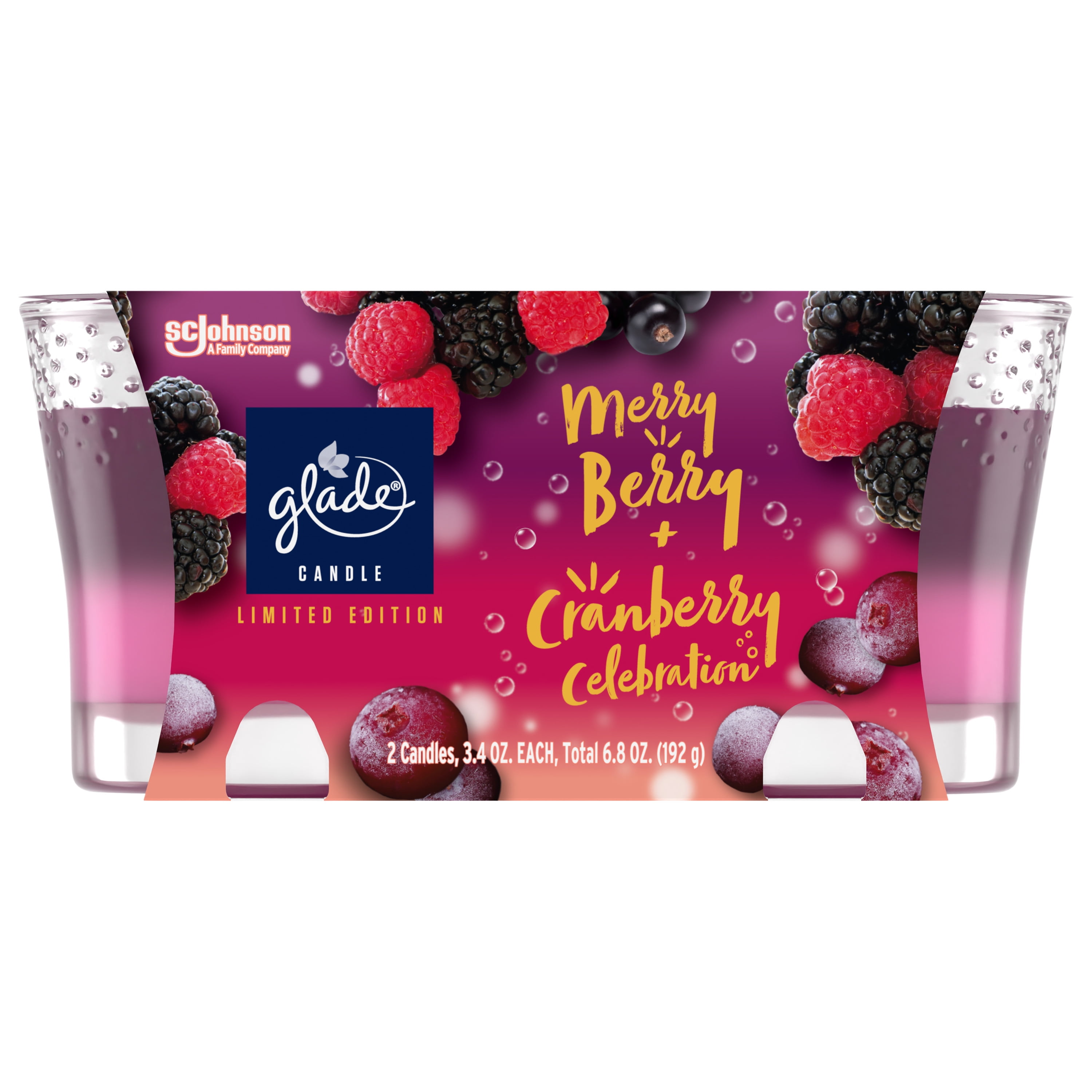 Glade Scented Candle, Merry Berry Celebration, Fragrance Infused with Essential Oils, 3.4 oz, 2 Count