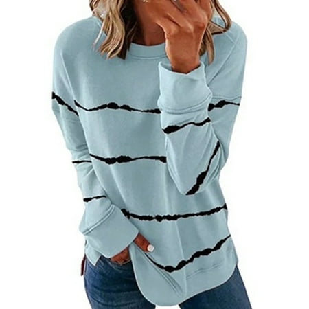 

Tie Dye Tunics or Tops to Wear with Leggings for Women Autumn Fashion Striped Long Sleeve T Shirts Crew Neck Blouses