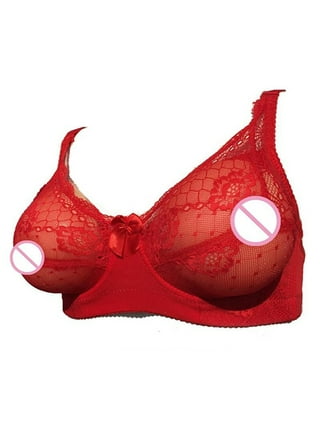 See-through Lace Pocket Bra for Silicone Breast forms for Mastectomy  Crossdresser False Boob (38D, Red) : : Fashion