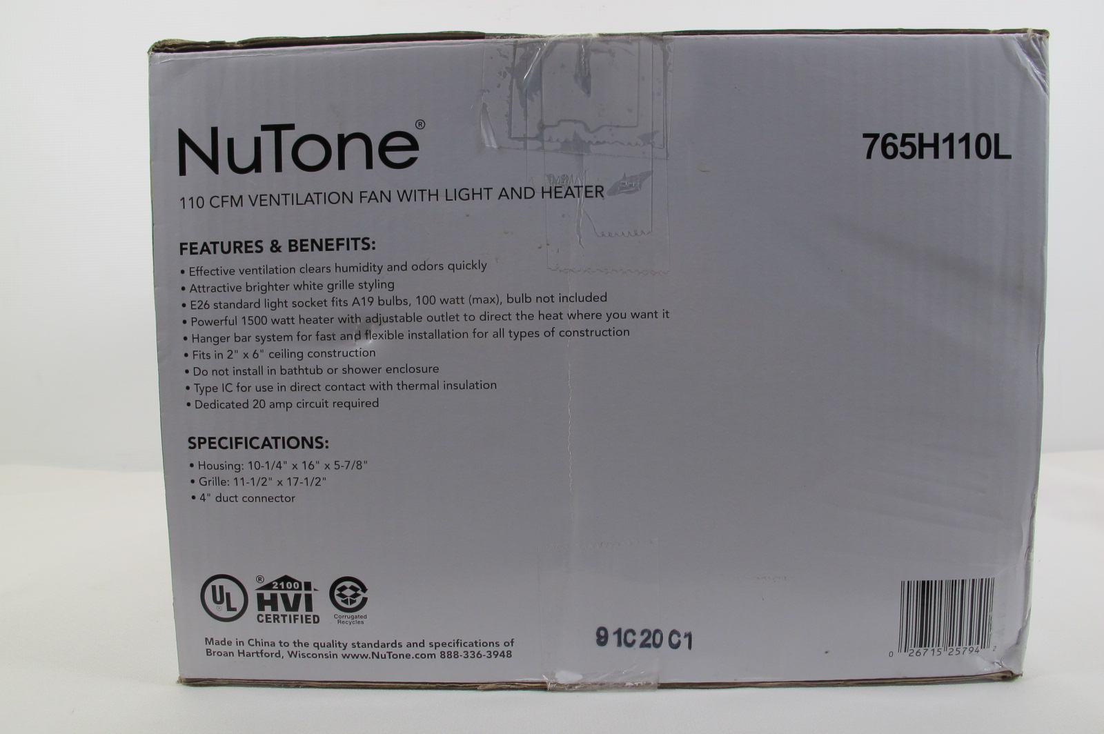 Nutone 765H110L 110 CFM 2 Sones Cavarro 