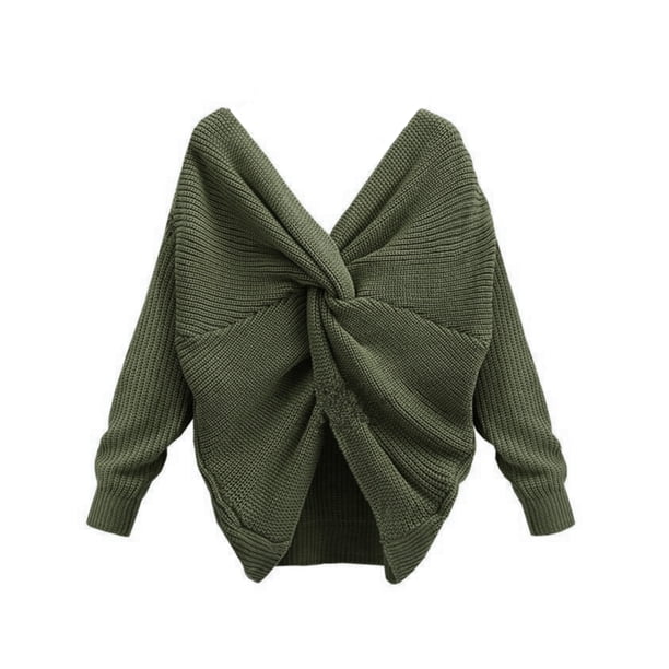 Suéter de mujer con cuello en V y espalda anudada, manga larga, algodón, camisa que hace punto, verde Vogacara AP001350-05