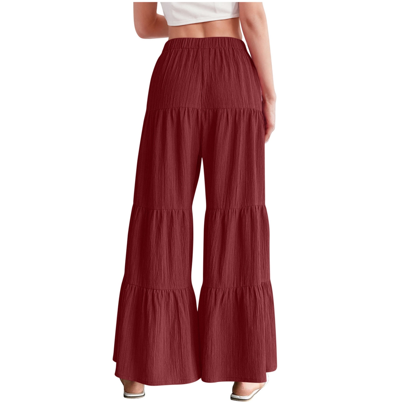 Womens Casual Pants Baggy New Womens Casual Wide Leg Pants Summer Fall Clothes Pleated Elastic Waist Loose Trousers Wine XL