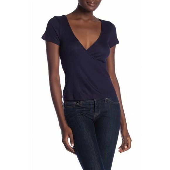 PST By Project Social T Women's Short Sleeve Surplice Top In Navy Size L