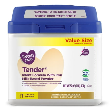 Parent's Choice Tender® Non-GMO* Infant Formula Milk-Based Powder, 32