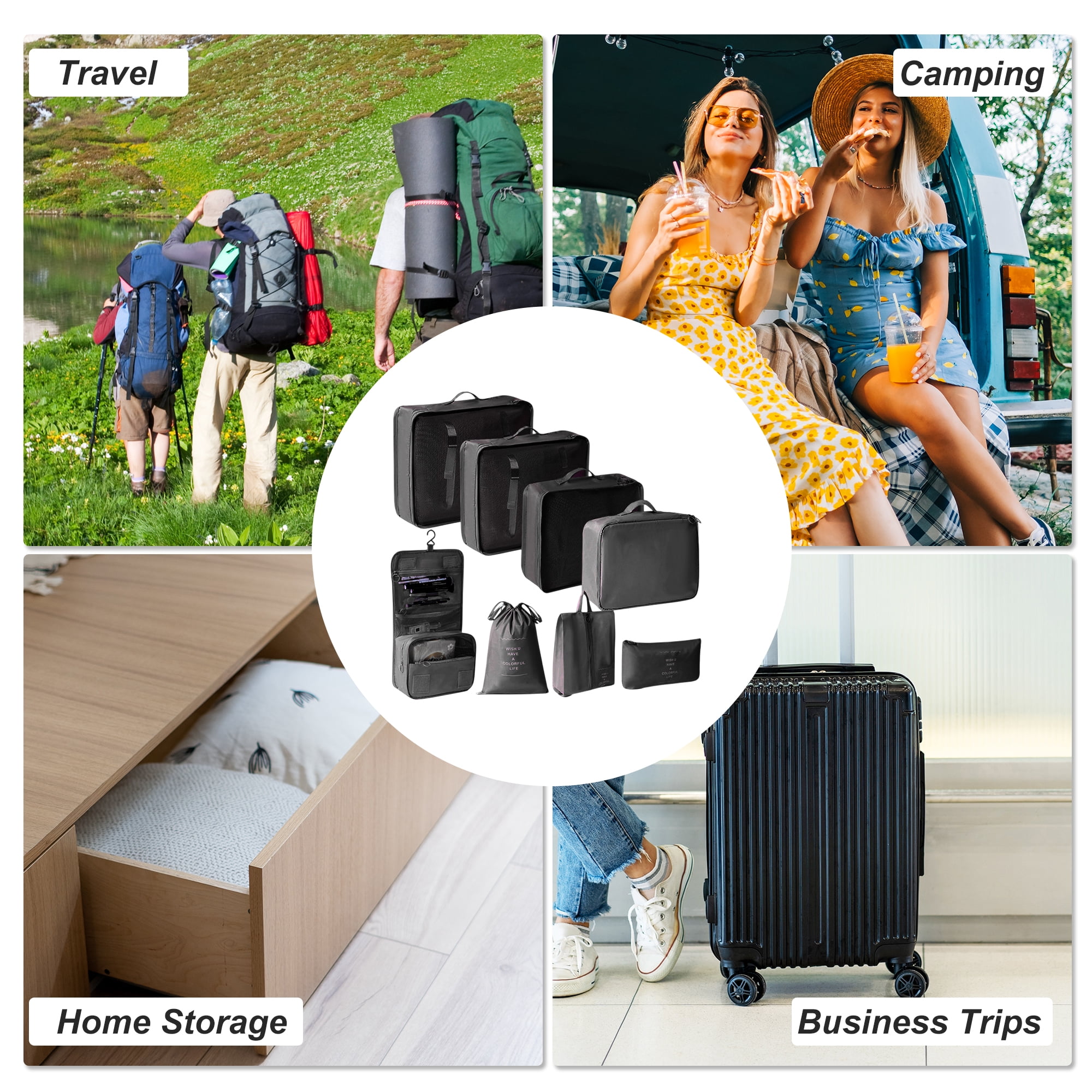 Unique Bargains 8 Pcs Portable Packing Cube Set for Luggage Black