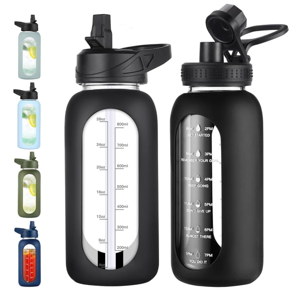 Botella de agua de vidrio EALGRO de 1 litro con pajita y asa, negra