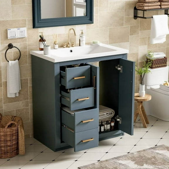 30" Bathroom Vanity with Ceramic Sink, Solid Wood & MDF Storage Cabinet, 3 Drawers & Soft-Close Cabinet, Blue Freestanding Vanity Set