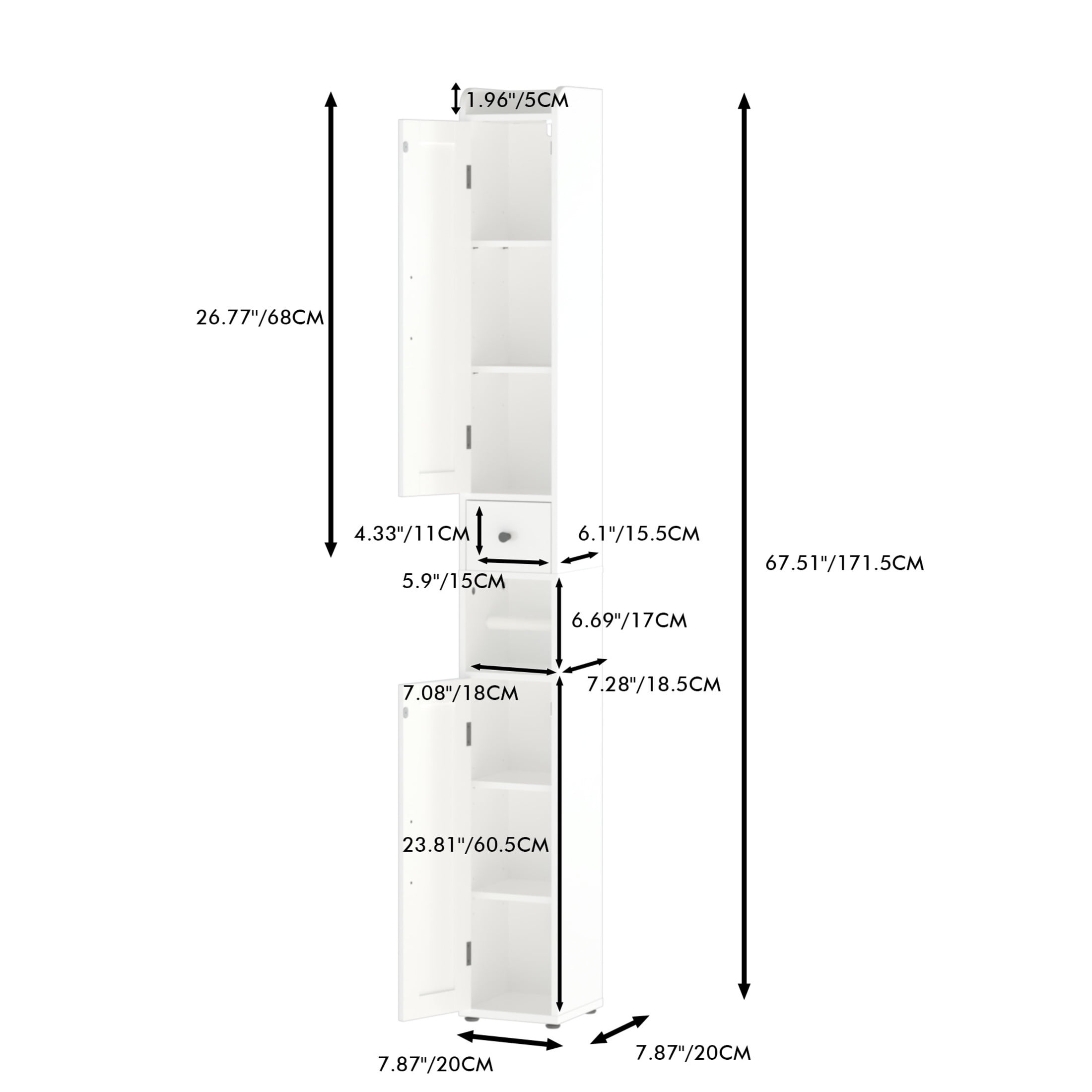 Noble House 67.5" Tall Slim Bathroom Storage Cabinet, 2-Door Freestanding Linen Tower with Adjustable Shelves, White