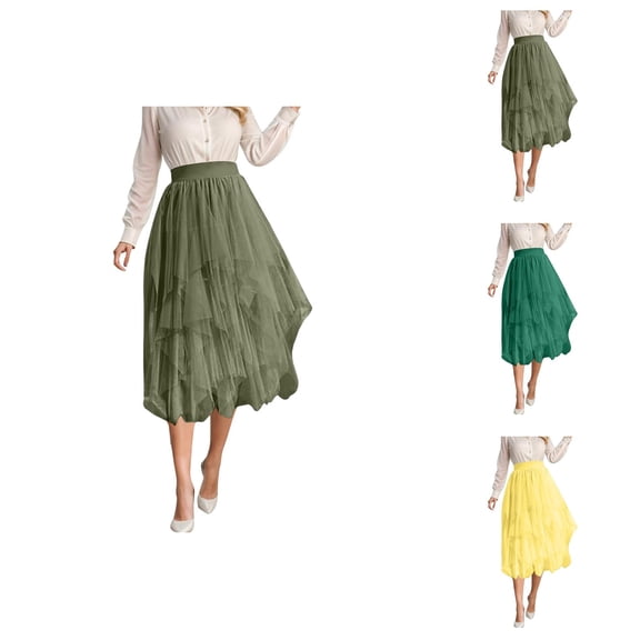 Tulle Skirts for Women High Waisted Irregular Mesh Layered A Line Flowy Midi Skirts Tutu Skirt Puffy Fairy Skirt