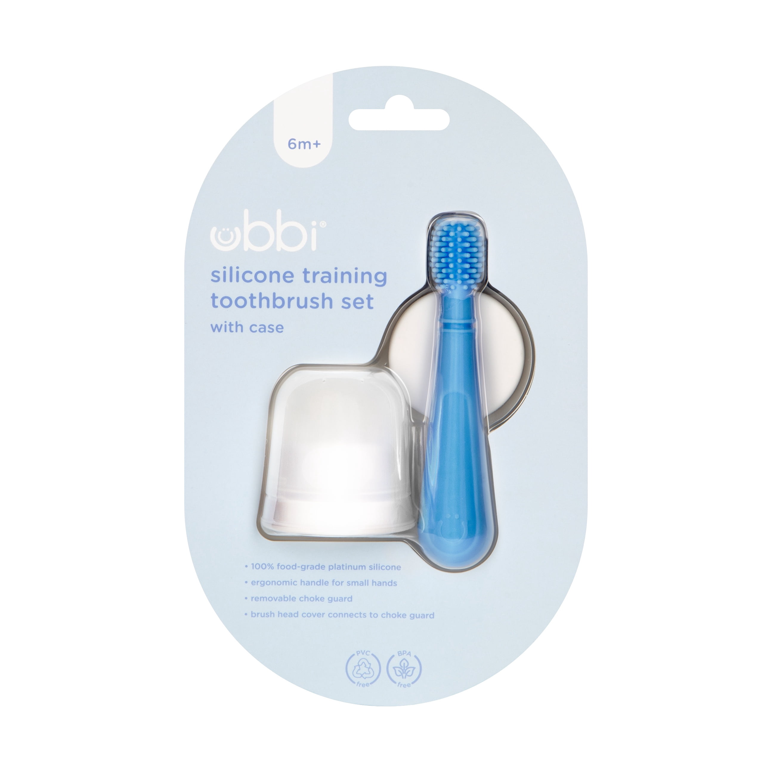 Ubbi 360° Baby Training Toothbrush with Safety Shield and Cover, Food-Grade Platinum Silicone, Gentle Cleaning for Infants, Polaris Blue