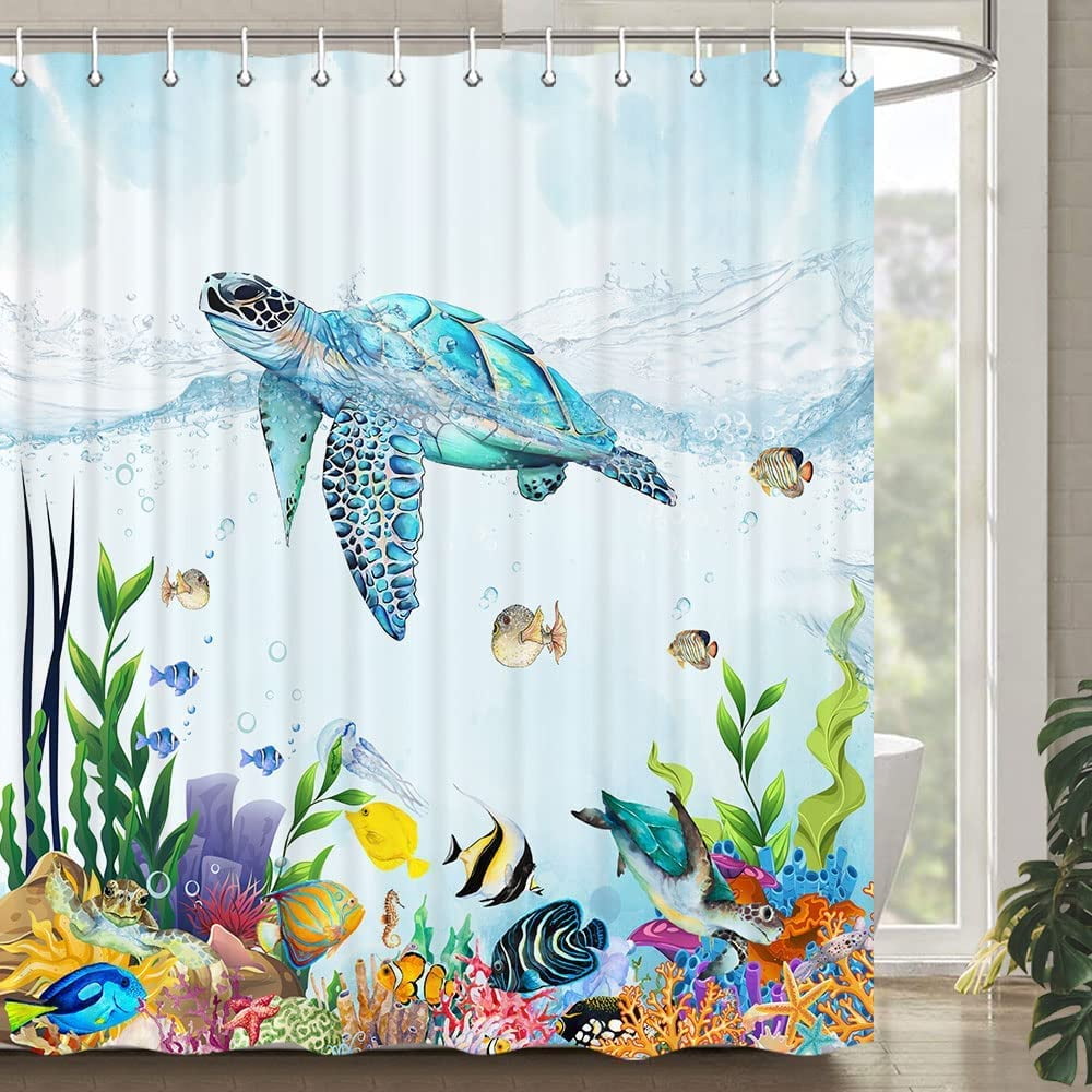 Turtle Underwater Shower Curtain Ocean Tropical Sea Coral Fish Colorful Nautical 