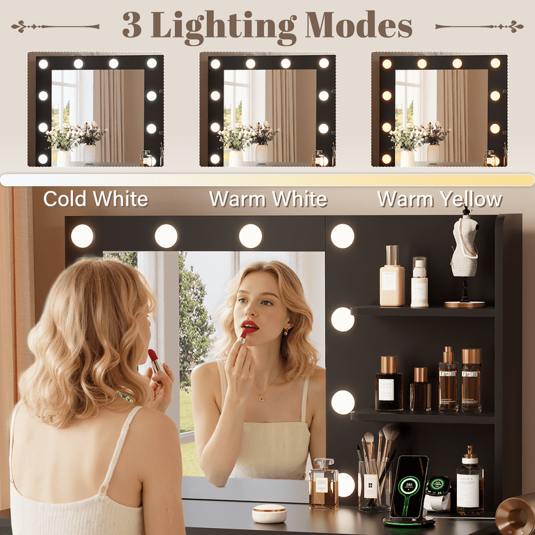 Lacoo Makeup Vanity Desk with Lights & Charging Station, Vanity Set with Mirror, Storage Shelves & Drawers, Vanity Table for Bedroom Dressing Room, Black