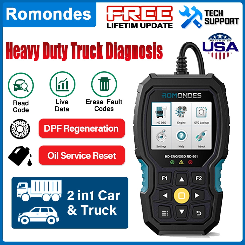 Romondes RD801 OBD2 Scanner Truck Diesel Heavy Duty Code Car Reader Diagnostic 